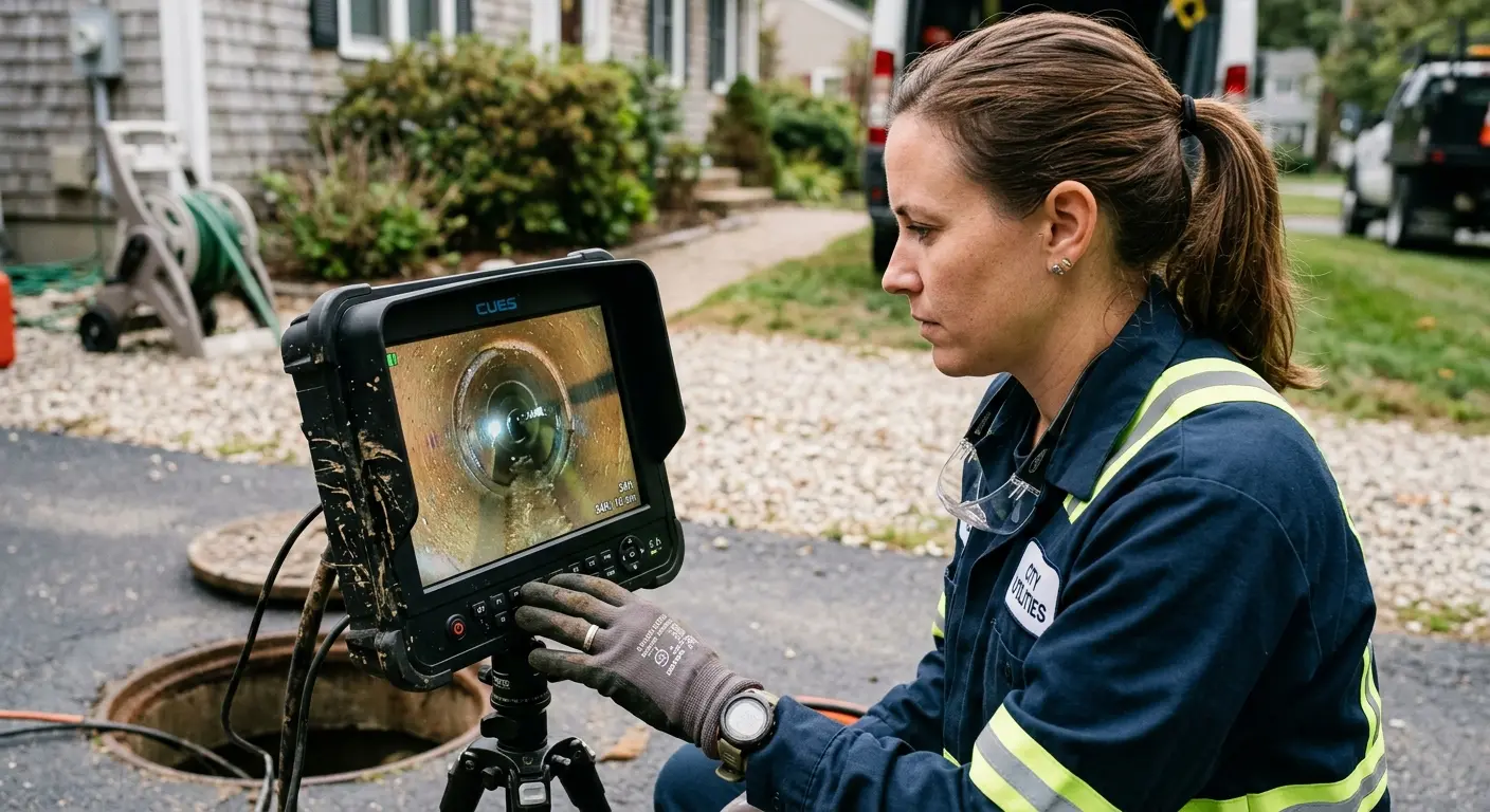 Technician reviewing sewer camera inspection footage in Sunnyside