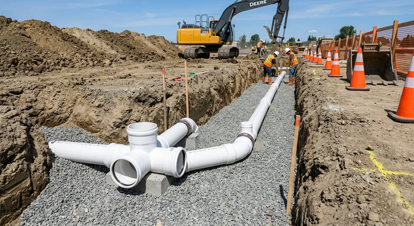 New PVC sewer pipe installation in open trench for Commercial Drain Cleaning in Sunnyside