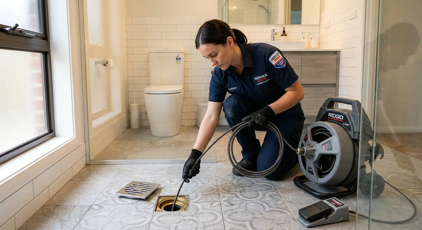 Technician clearing a bathroom floor drain for Drain Repair in Sunnyside